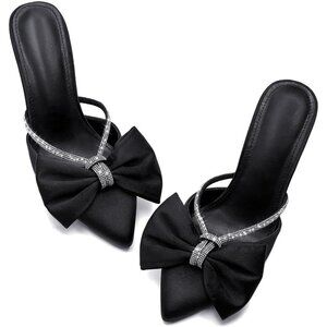 BLACK Satin Bow Heels Womens Pointed Rhinestone Closed Toe Sandals Wedding Shoes